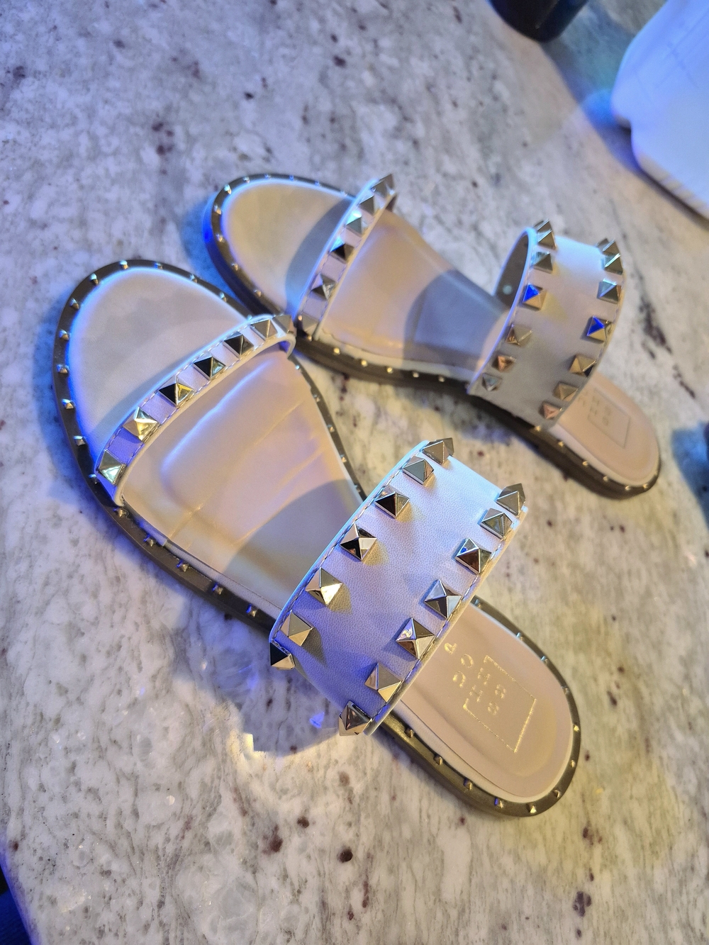 Like New Gold Studded Two-Strap Slide Sandals - Cream Nude Color - Picture 2 of 5
